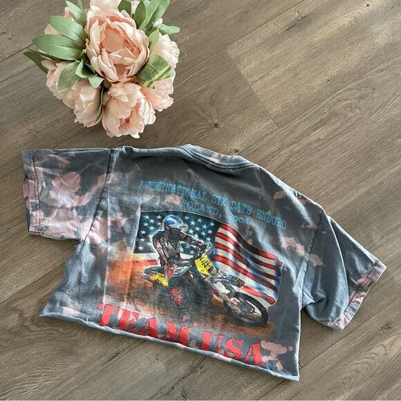ISDE Dirt Bike Team USA Grey Upcycle Bleach Cropped Top - Picture 1 of 2